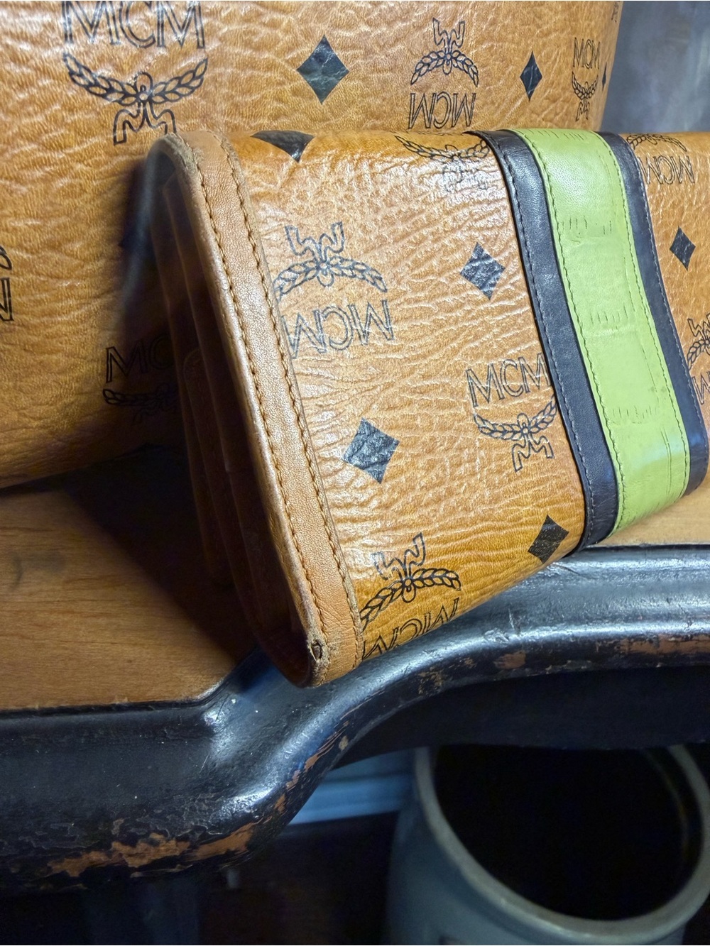 MCM Cognac Visetos Tote with Lime Accent w/matching wallet - Picture 6 of 10